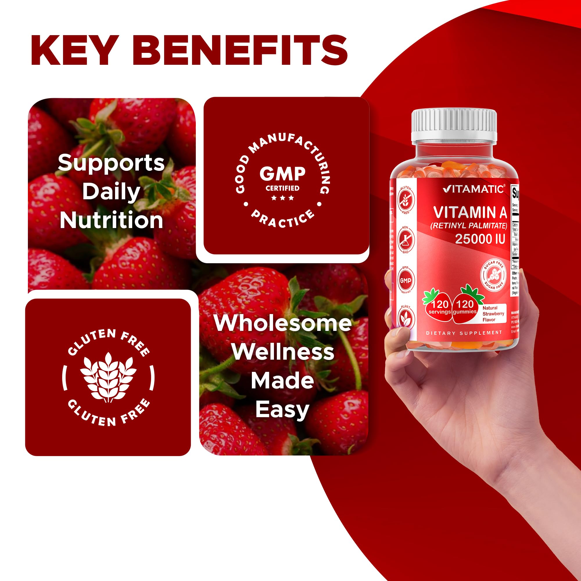 Vitamatic Vitamin A gummies label close-up with strawberry flavor.