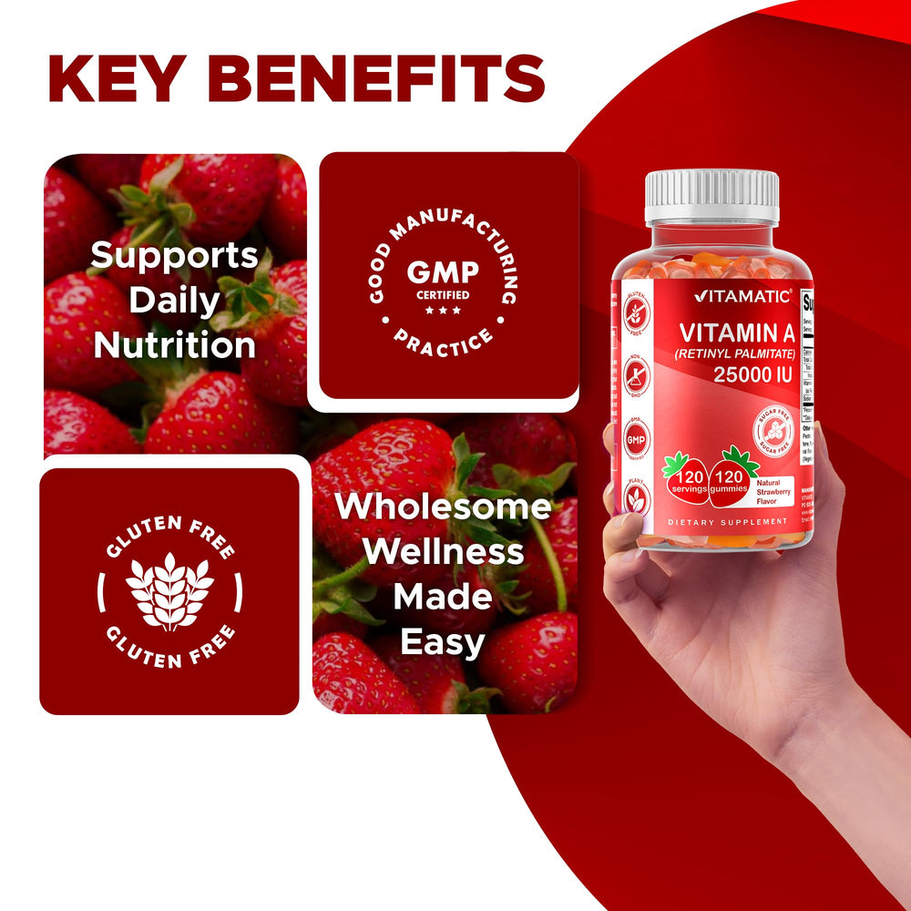Vitamatic Vitamin A gummies label close-up with strawberry flavor.