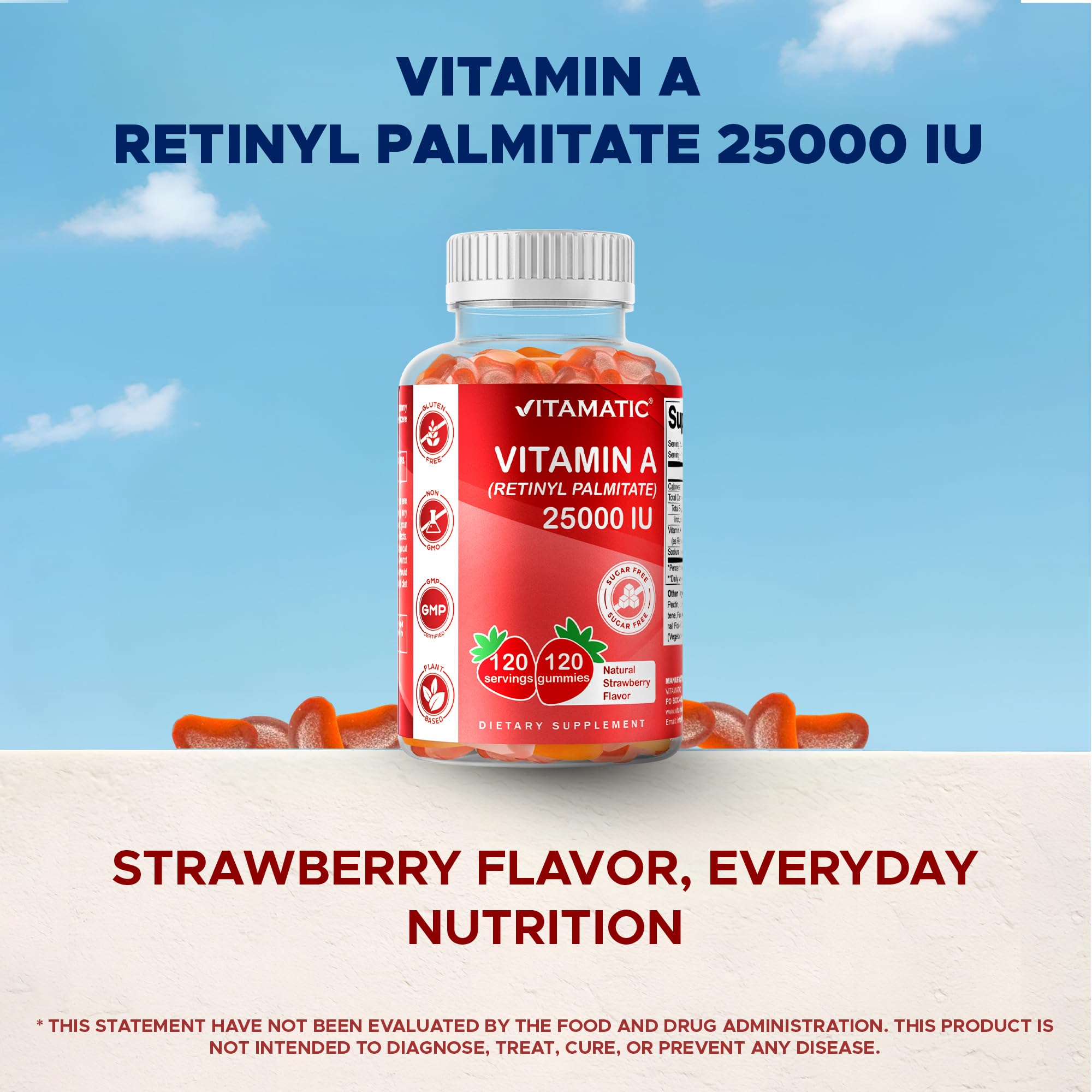Vitamatic Vitamin A gummies packaging showing vegan and gluten-free icons.