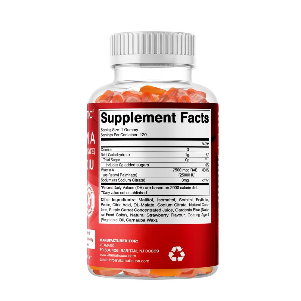 Vitamatic Vitamin A gummies on white surface with Retinyl Palmitate.