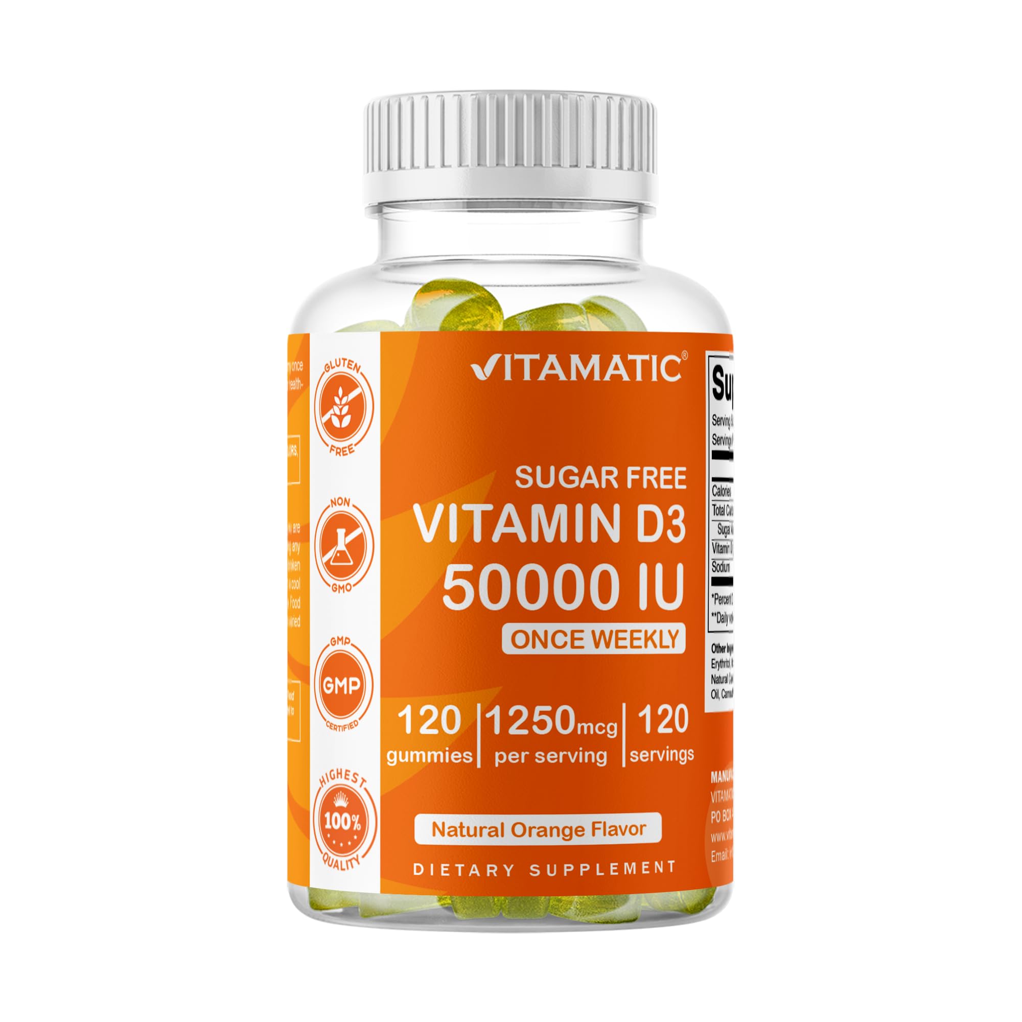 Vitamatic Sugar Free Vitamin D3 gummies in a weekly bottle for convenient support.