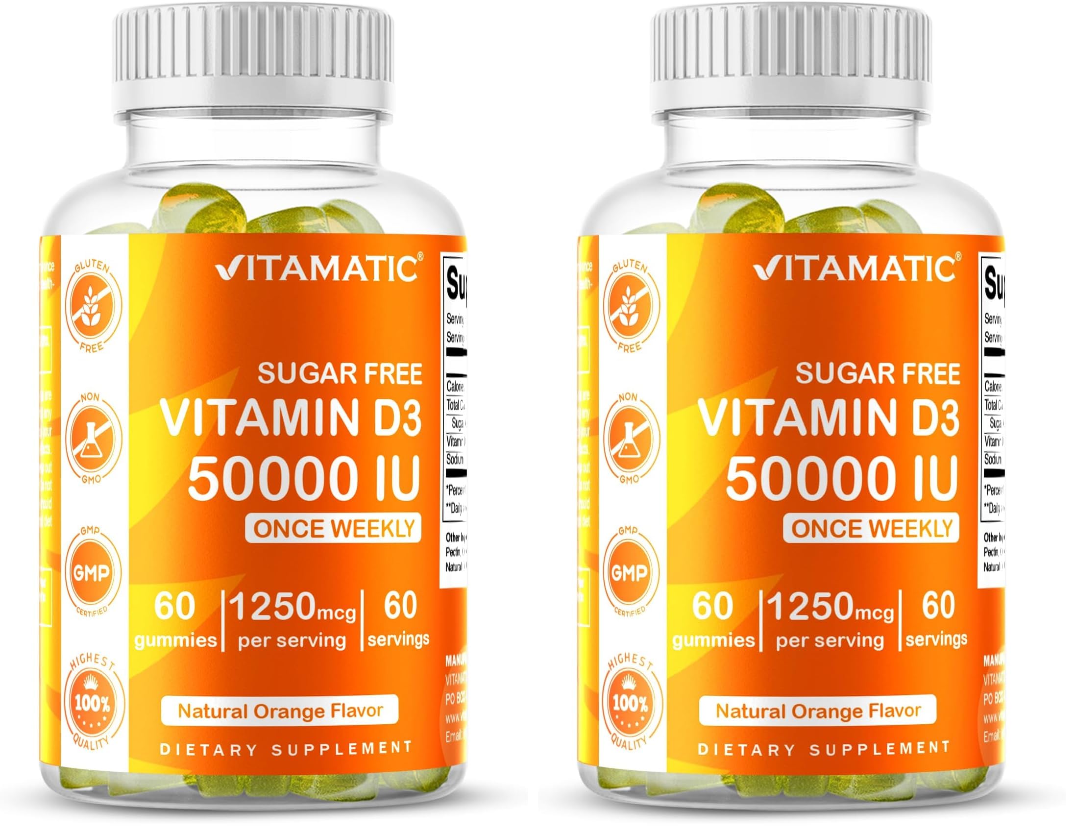 Vitamatic Vitamin D3 bottle with orange gummies for weekly support