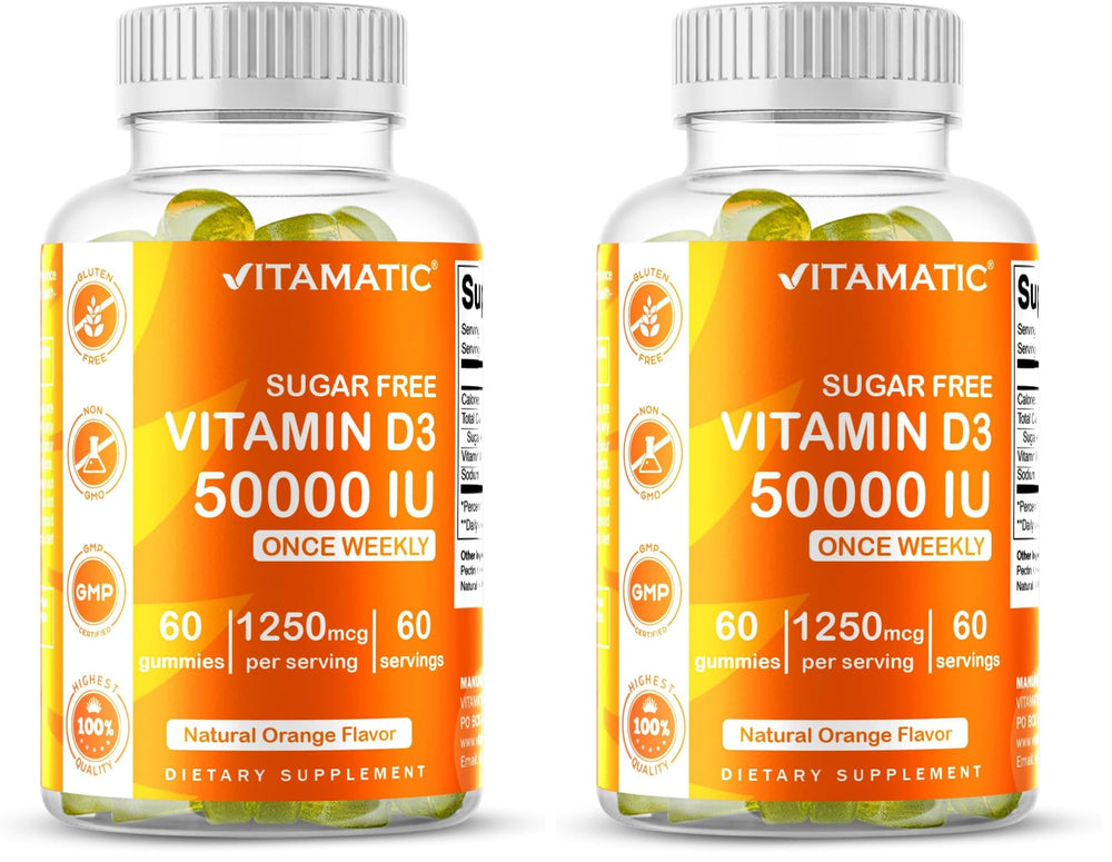 Vitamatic Vitamin D3 bottle with orange gummies for weekly support