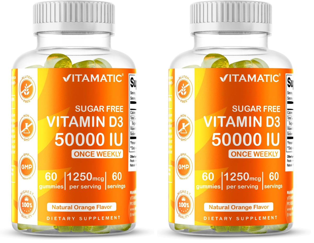 Vitamatic Vitamin D3 bottle with orange gummies for weekly support