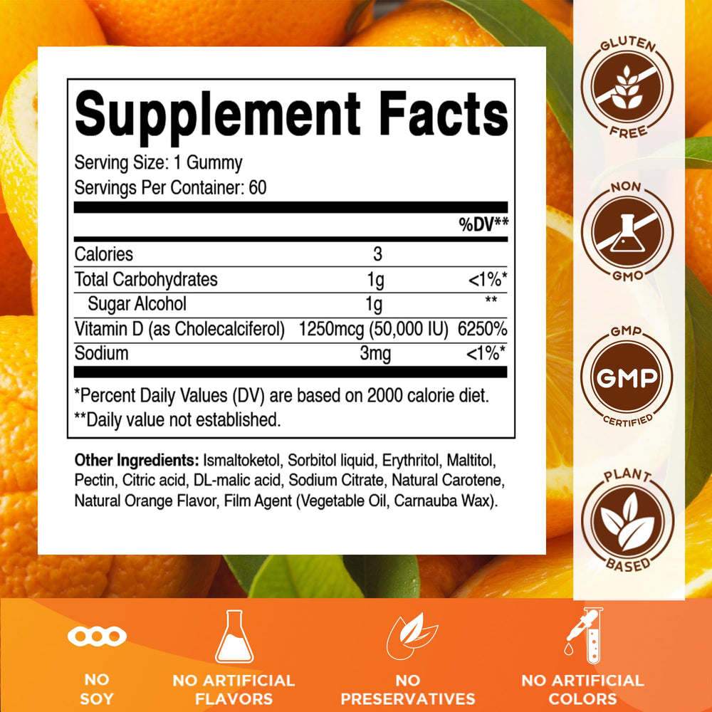 Close-up of Vitamatic D3 gummies showing orange flavor and chewy texture
