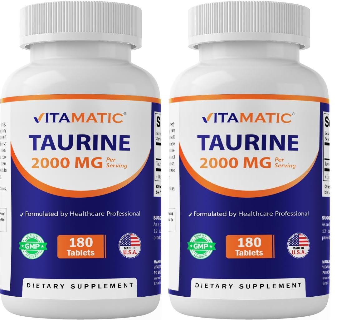 Vitamatic Taurine 2000mg bottle with capsules for convenient daily wellness support.