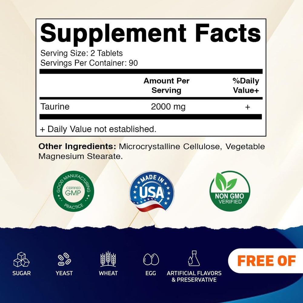 Close-up of Vitamatic Taurine 2000mg tablets for easy vegetarian supplementation.