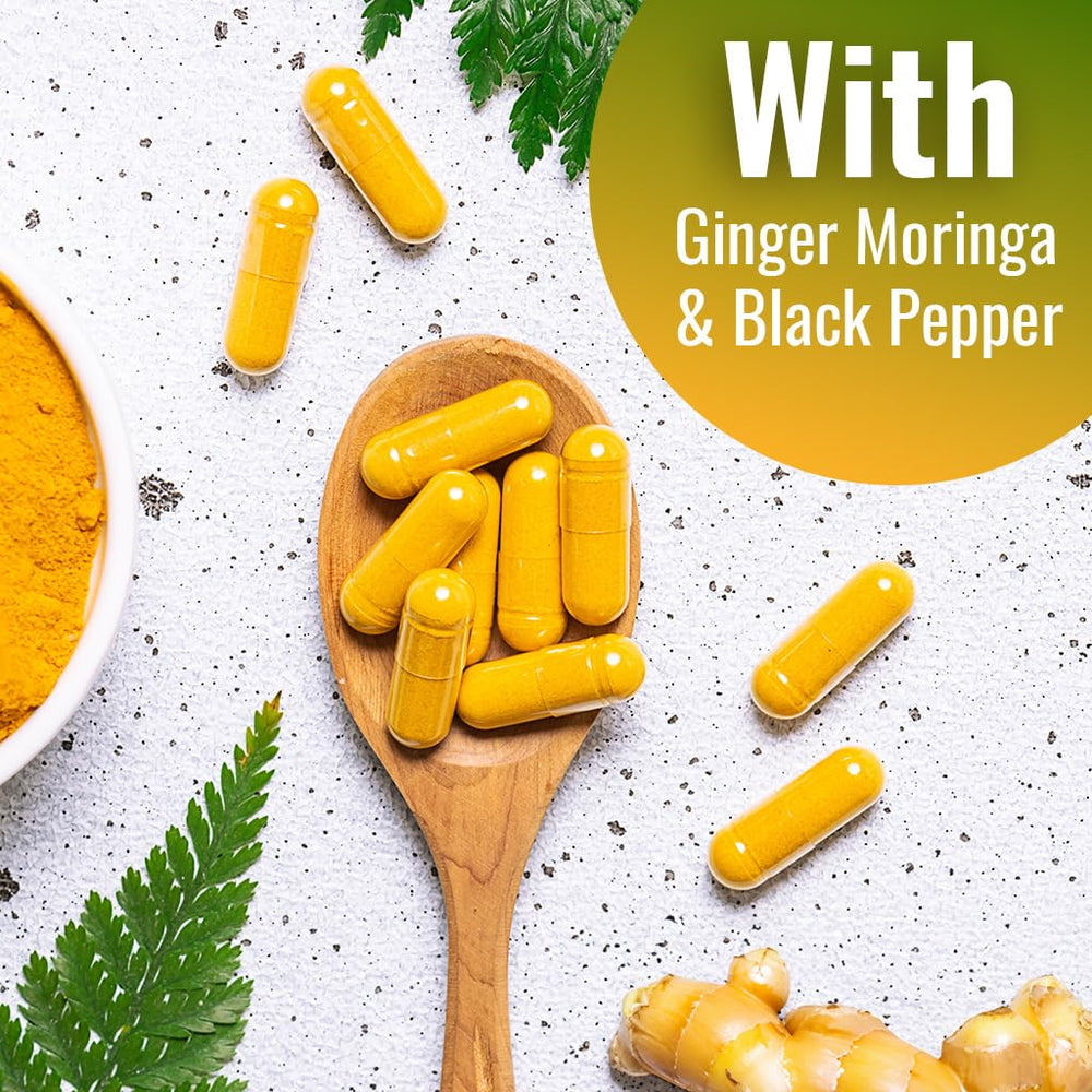 Vitamatic turmeric bottle label emphasizes quality and non-GMO certification