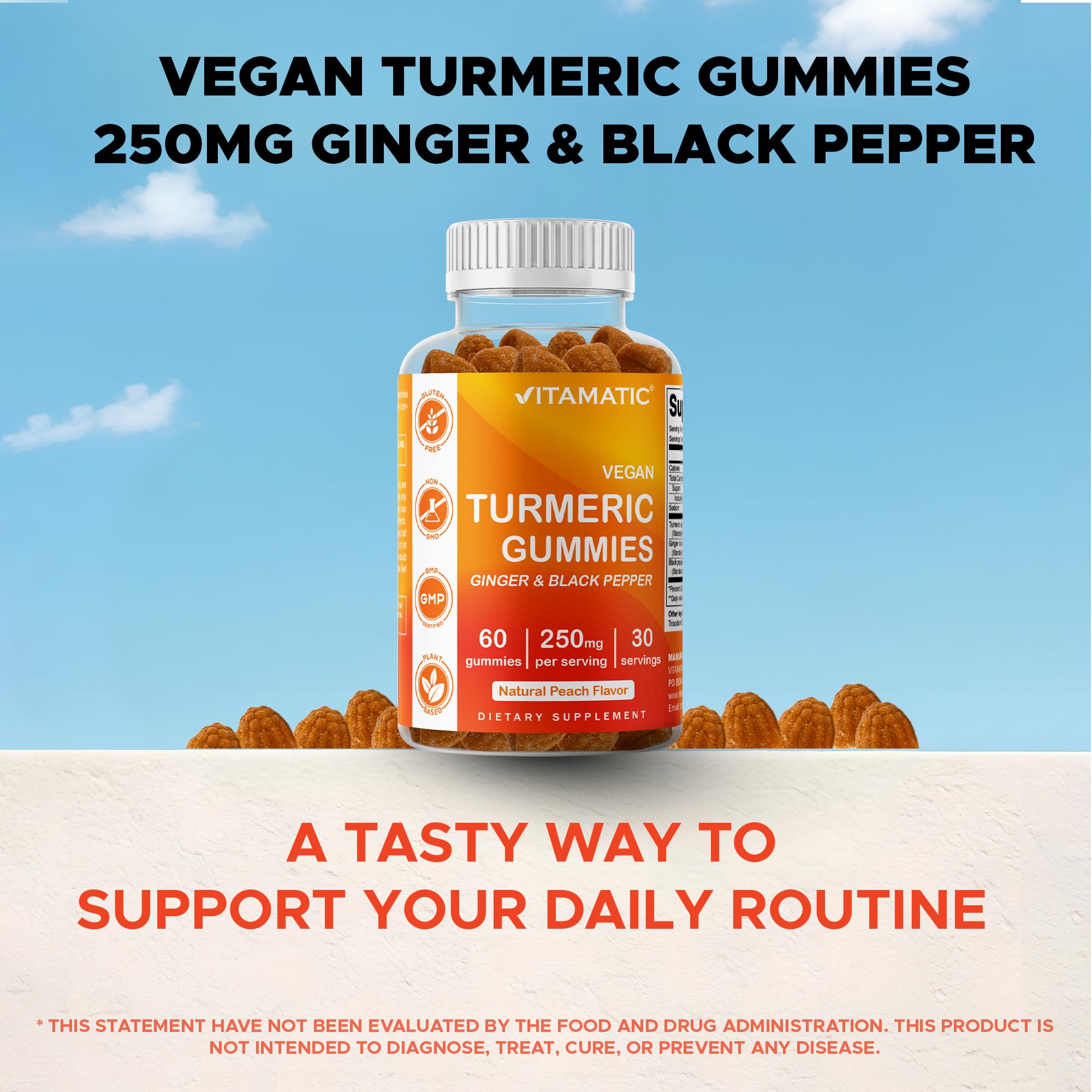 Vitamatic turmeric gummies deliver 250 mg per serving for consistency