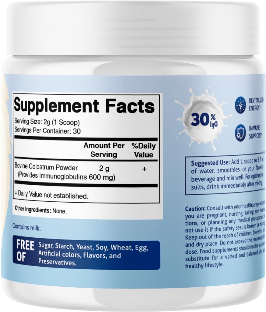 Vitamatic unflavored colostrum powder blends into shakes smoothly.