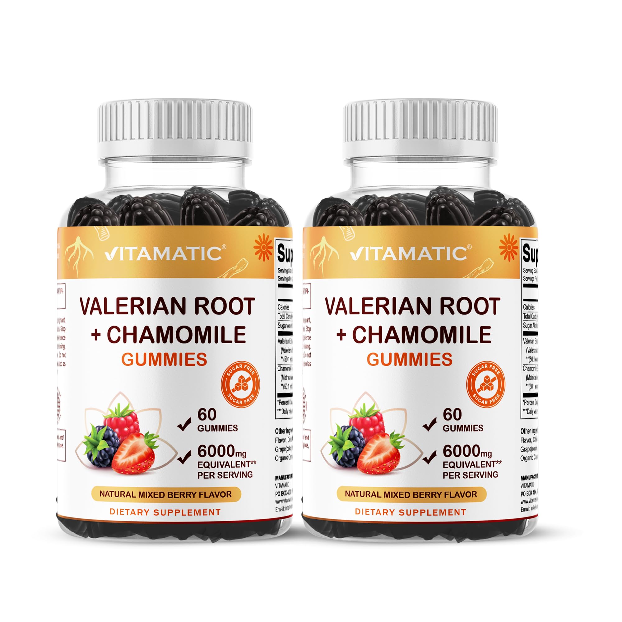 Vitamatic Valerian Root Chamomile gummies berry pack for evening relaxation.