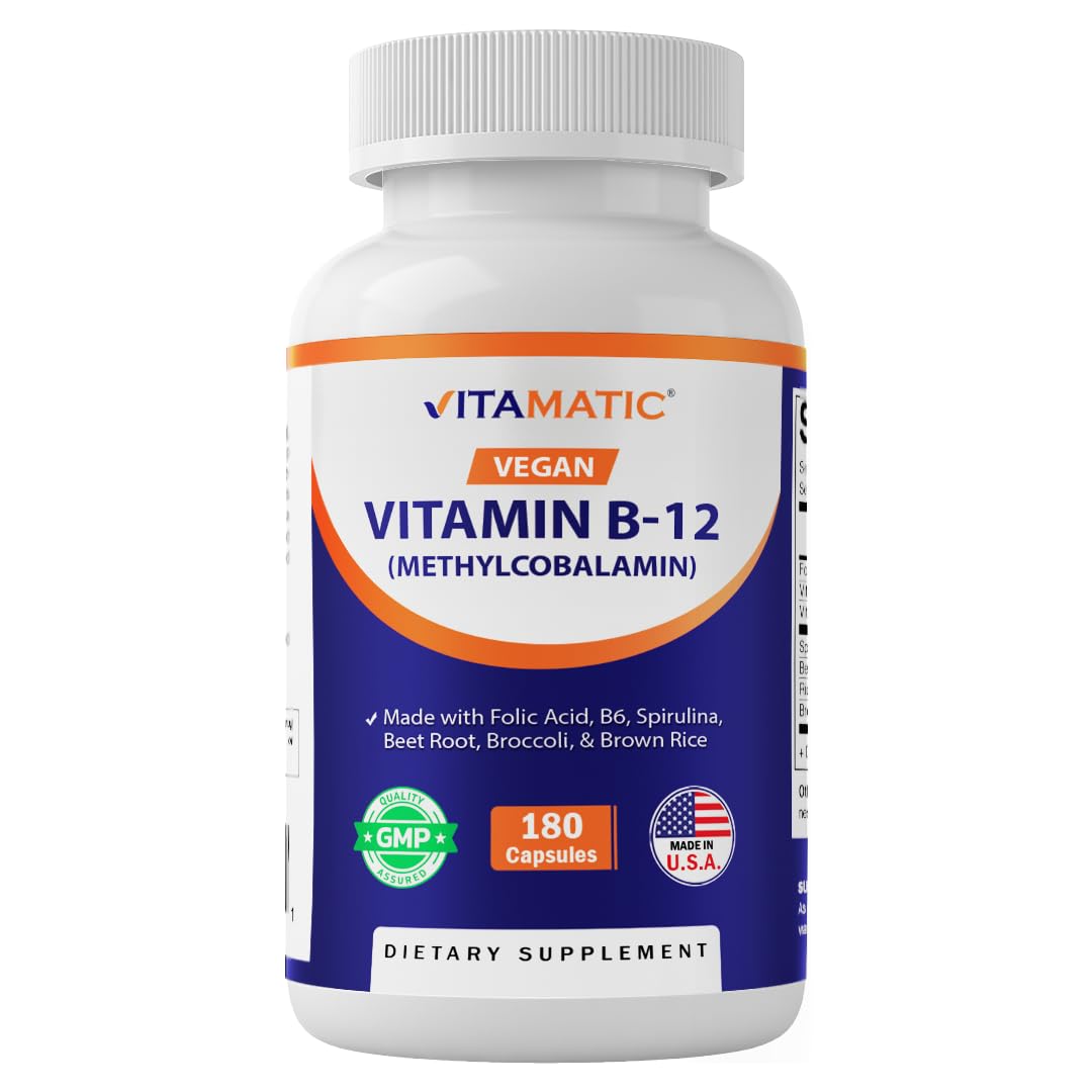 Vitamatic vegan B12 bottle label showing 1000 mcg methylcobalamin for energy support.