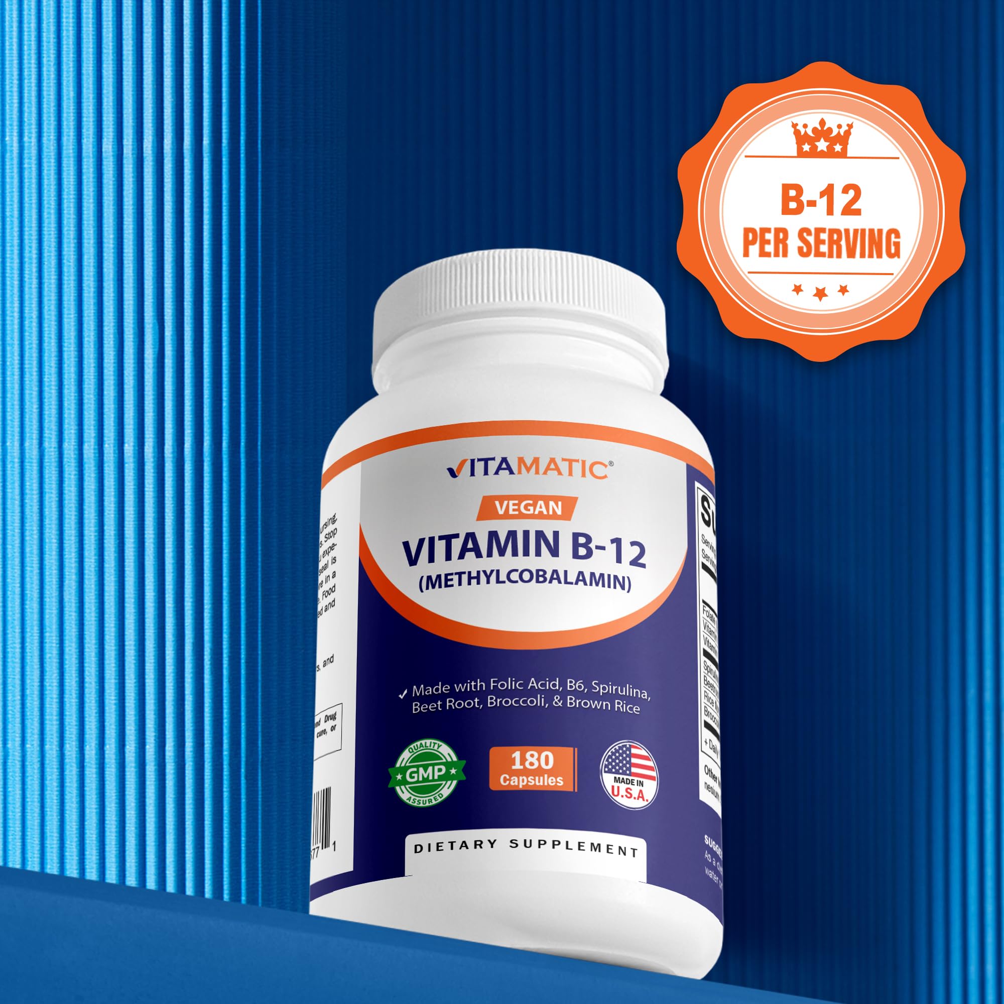Broccoli and brown rice shown as plant-based nutrients in the B12 blend.