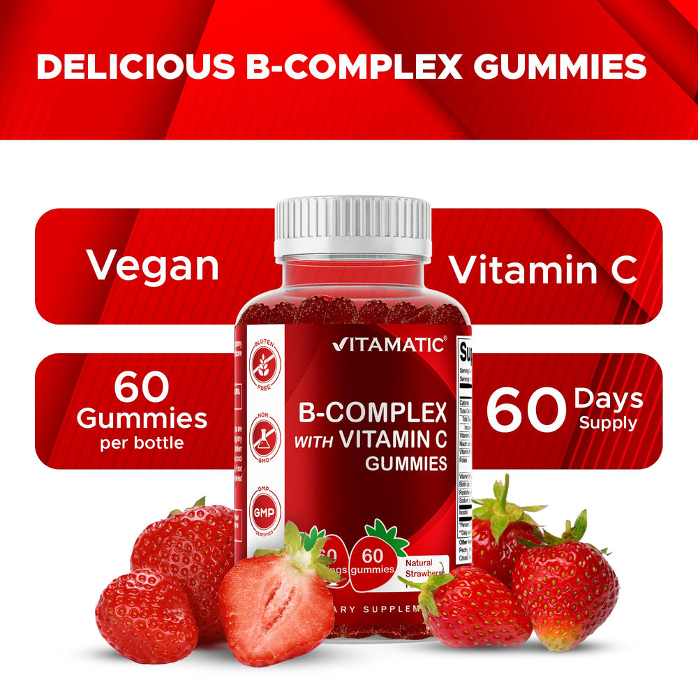 Vitamatic Vitamin B Complex Gummies close-up of chewy gummies with strawberry flavor