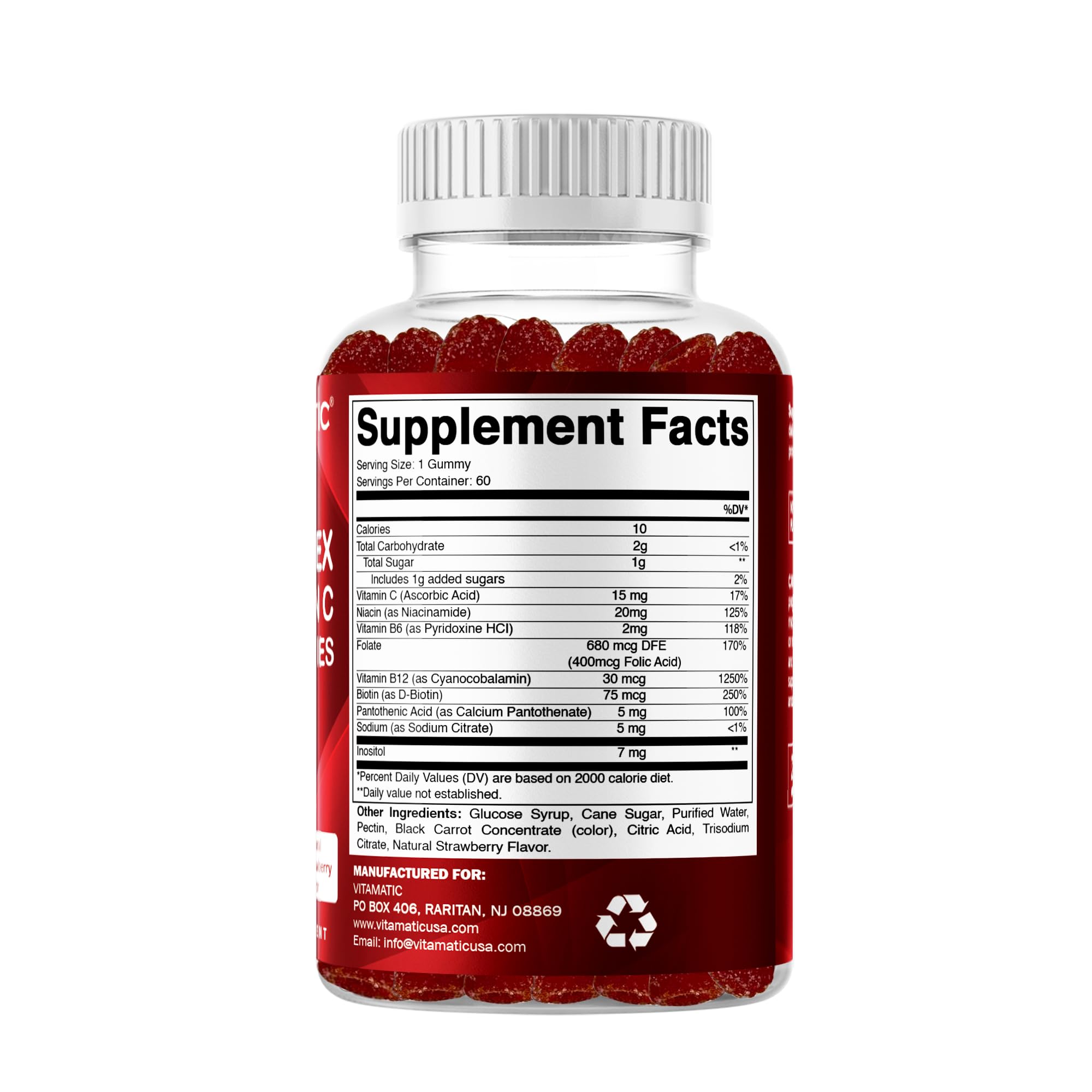 Vitamatic Vitamin B Complex Gummies ingredients panel highlighting B vitamins and Vitamin C
