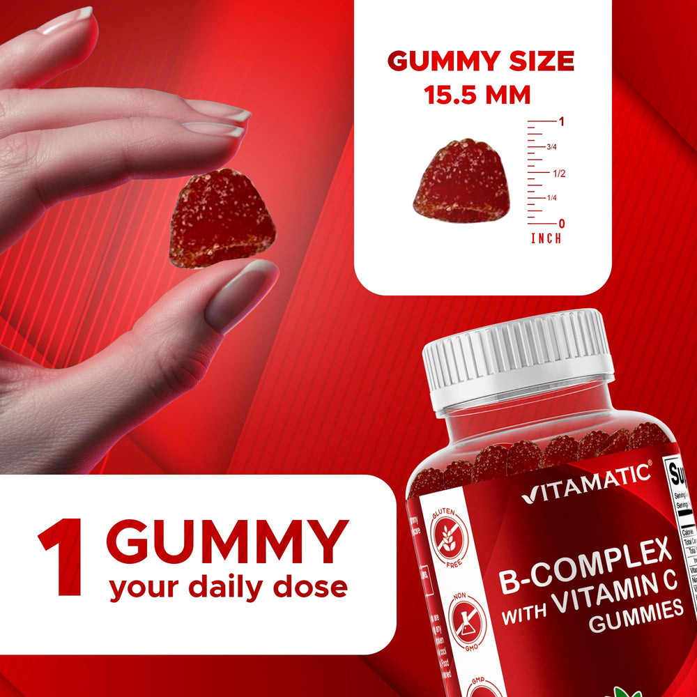 Vitamatic Vitamin B Complex Gummies label showing vegan-friendly, non-GMO formula