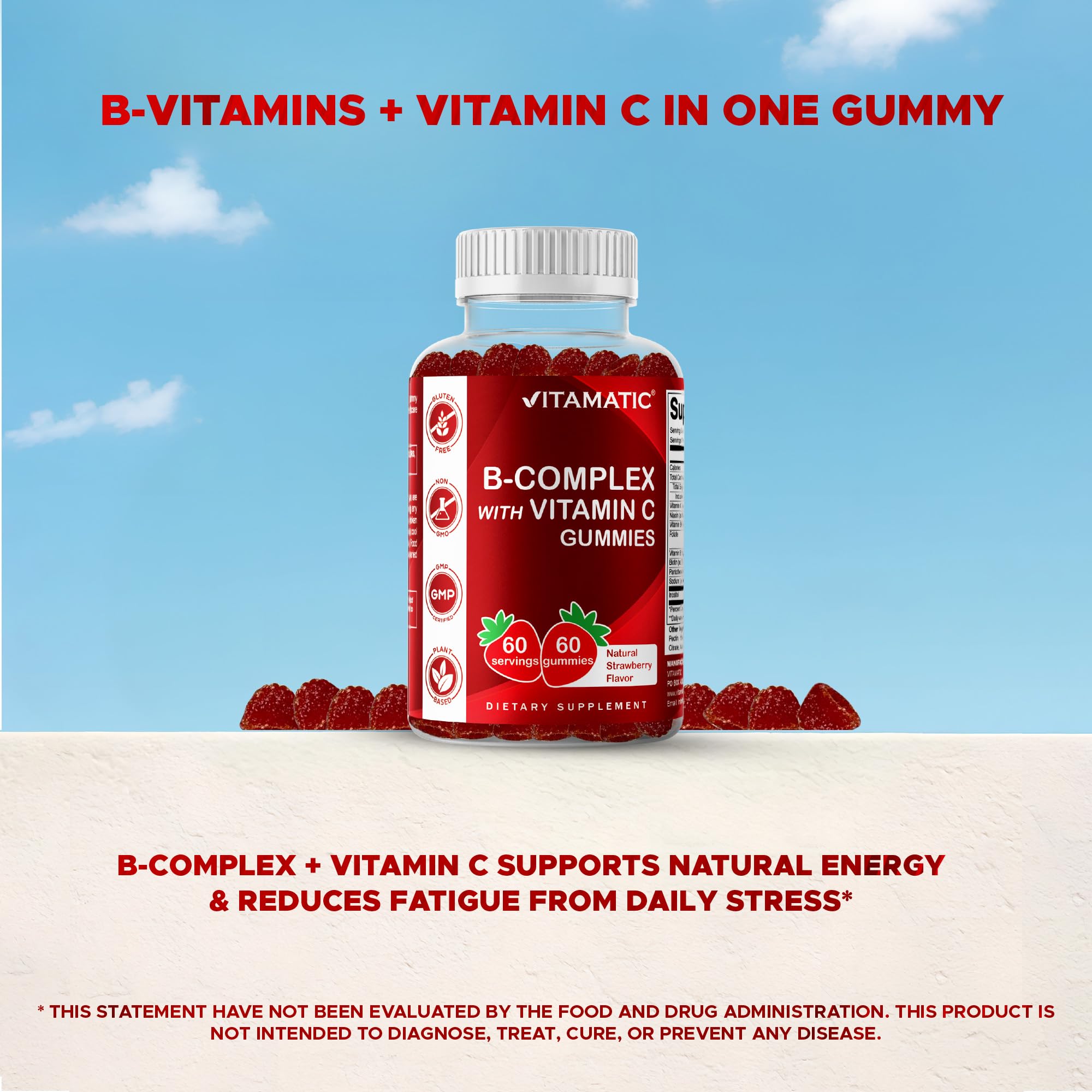 Vitamatic Vitamin B Complex Gummies non-GMO seal beside ingredients
