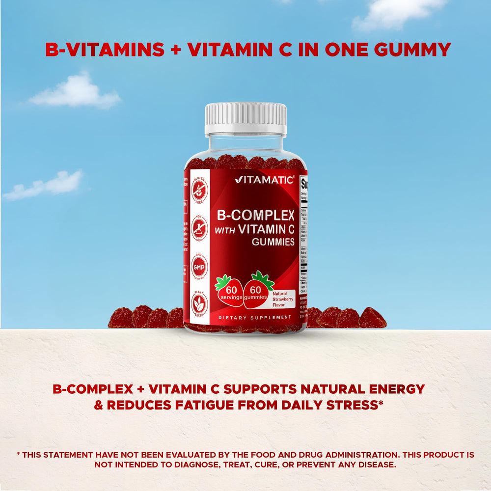 Vitamatic Vitamin B Complex Gummies non-GMO seal beside ingredients