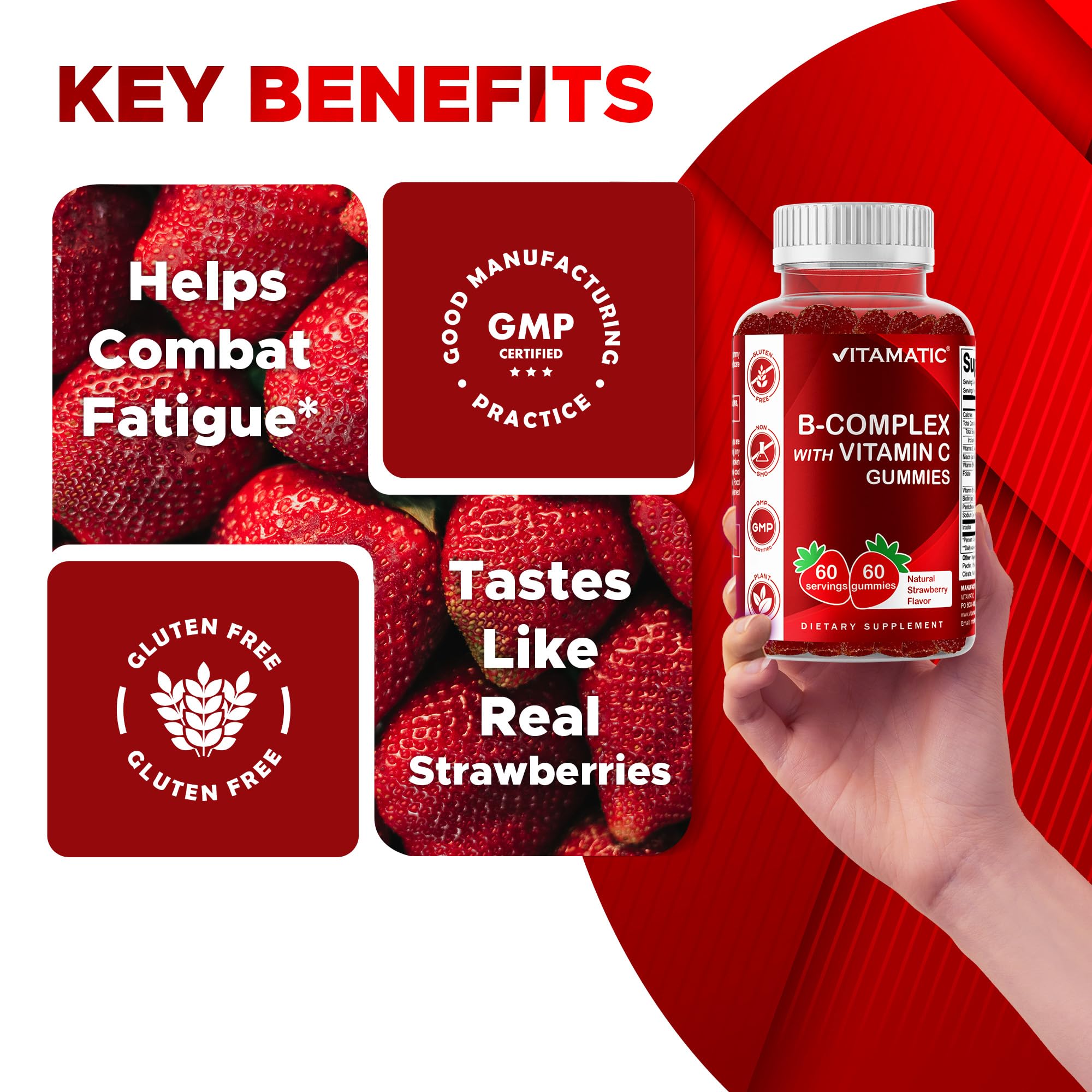 Vitamatic Vitamin B Complex Gummies vegan-friendly packaging with gluten-free claim