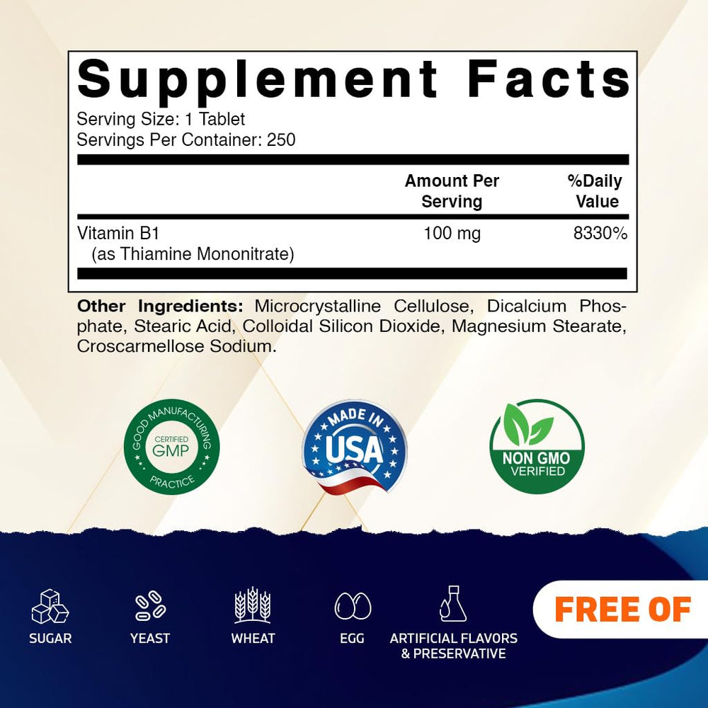 Close-up of Vitamatic Vitamin B1 vegetarian tablets for energy and metabolism