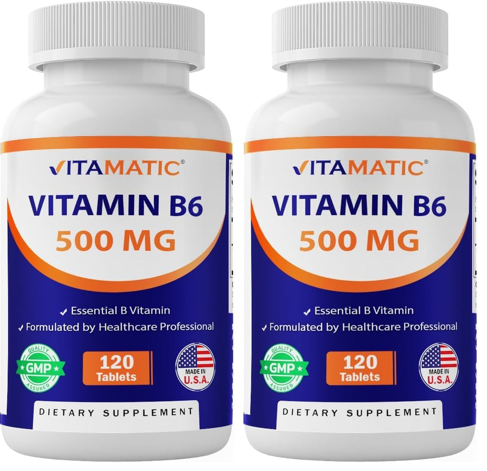 Vitamatic Vitamin B6 bottle pour showing easy daily intake and energy support