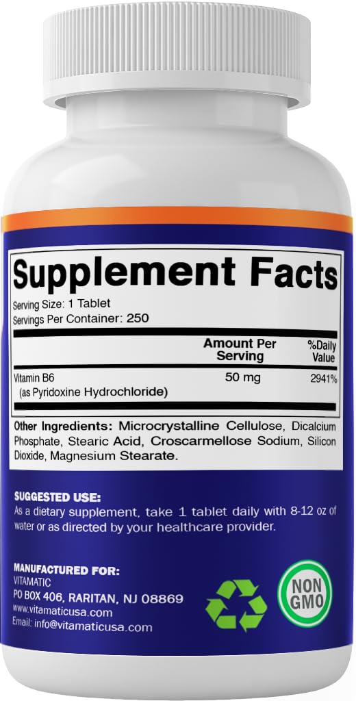 Vitamatic Vitamin B6 label highlighting purity and absence of artificial additives