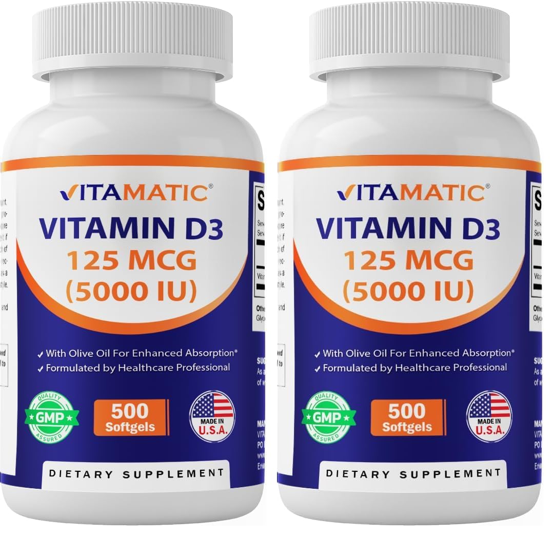 Vitamatic Vitamin D3 bottle front showing 5000 IU for bone support.