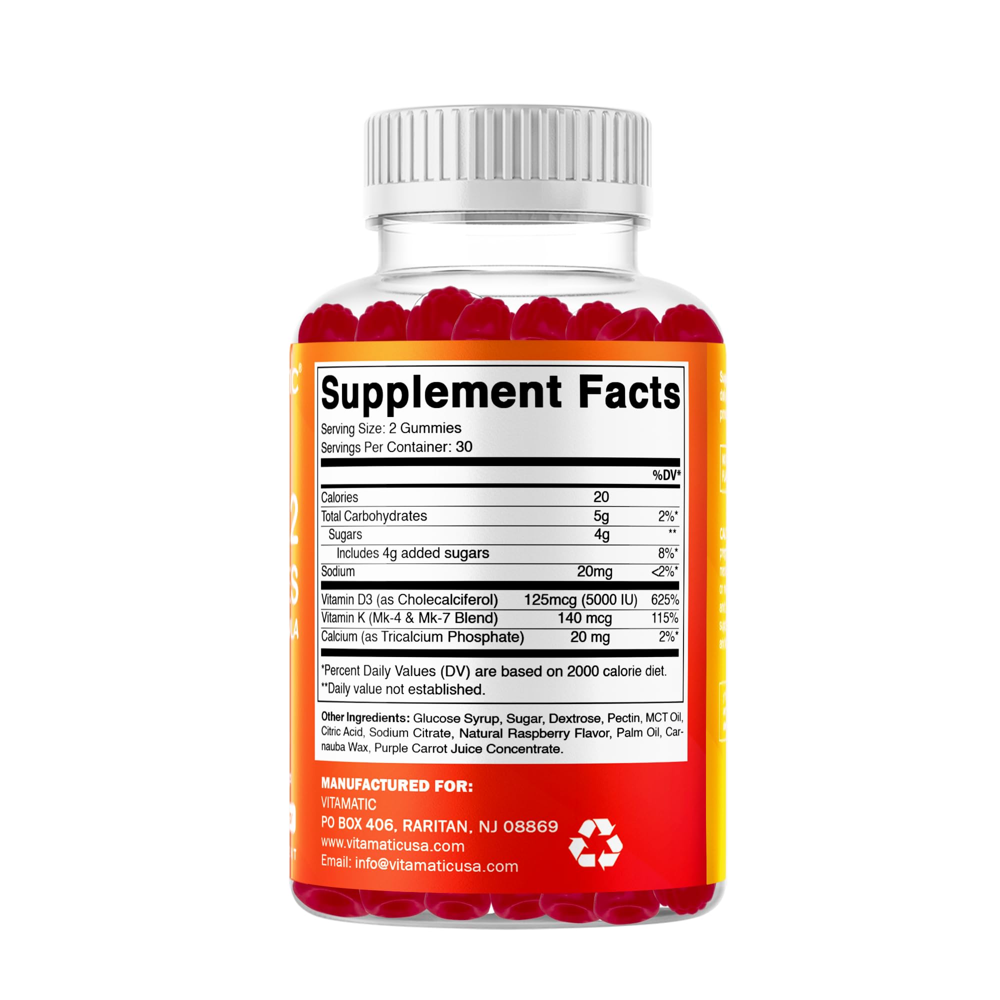Vitamatic Vitamin D3 & K2 Gummies bottle beside a glass of water for easy daily intake.