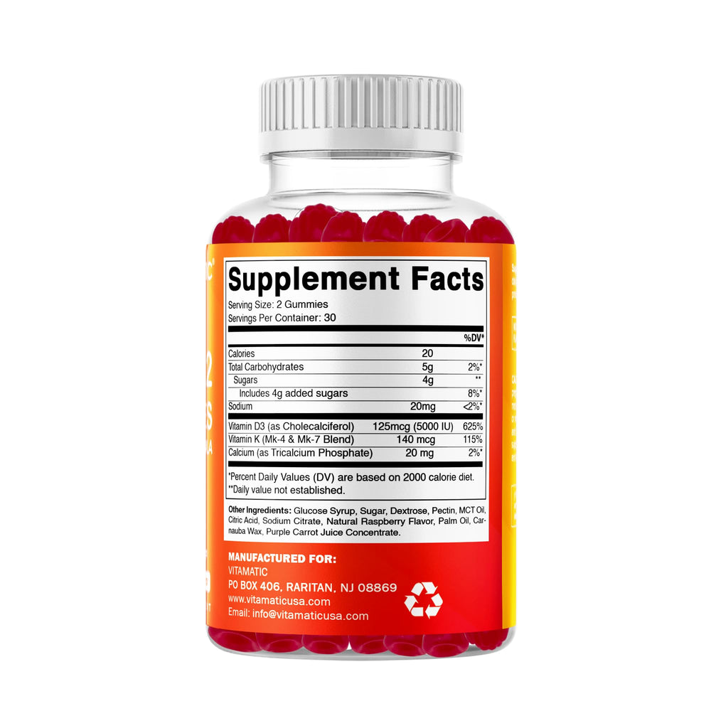 Vitamatic Vitamin D3 & K2 Gummies bottle beside a glass of water for easy daily intake.