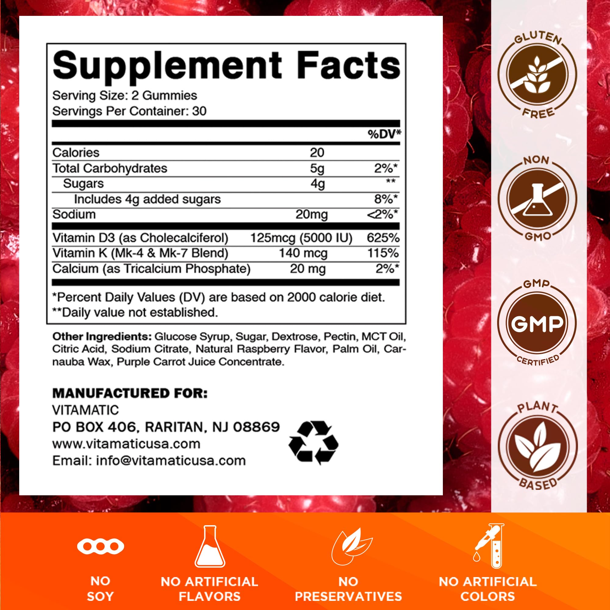Vitamatic Vitamin D3 & K2 Gummies bottle back showing non-GMO and gluten-free attributes.