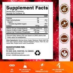 Vitamatic Vitamin D3 & K2 Gummies bottle back showing non-GMO and gluten-free attributes.