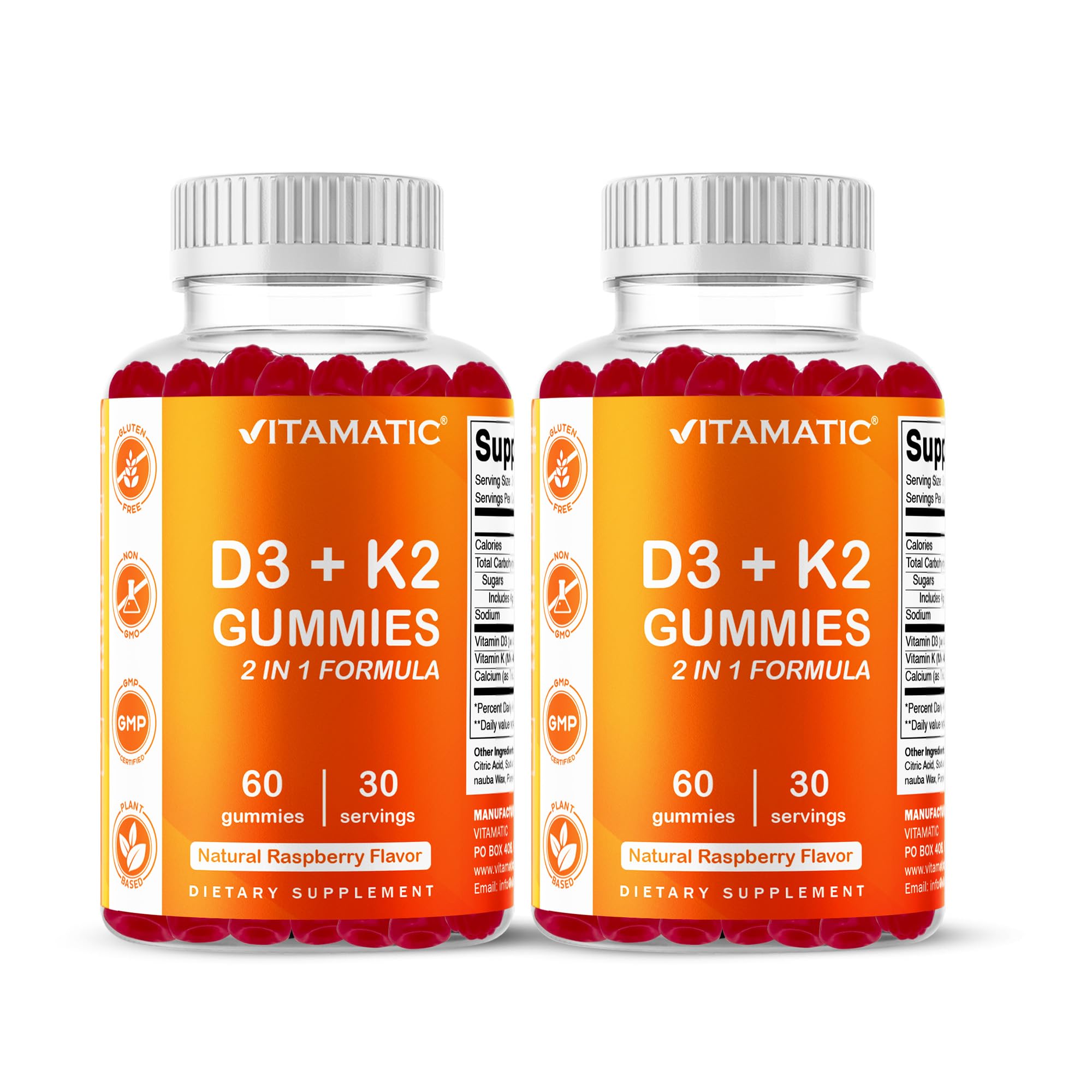 Vitamatic Vitamin D3 & K2 Gummies bottle front highlighting calcium absorption and bone health benefits.