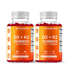 Vitamatic Vitamin D3 & K2 Gummies bottle front highlighting calcium absorption and bone health benefits.