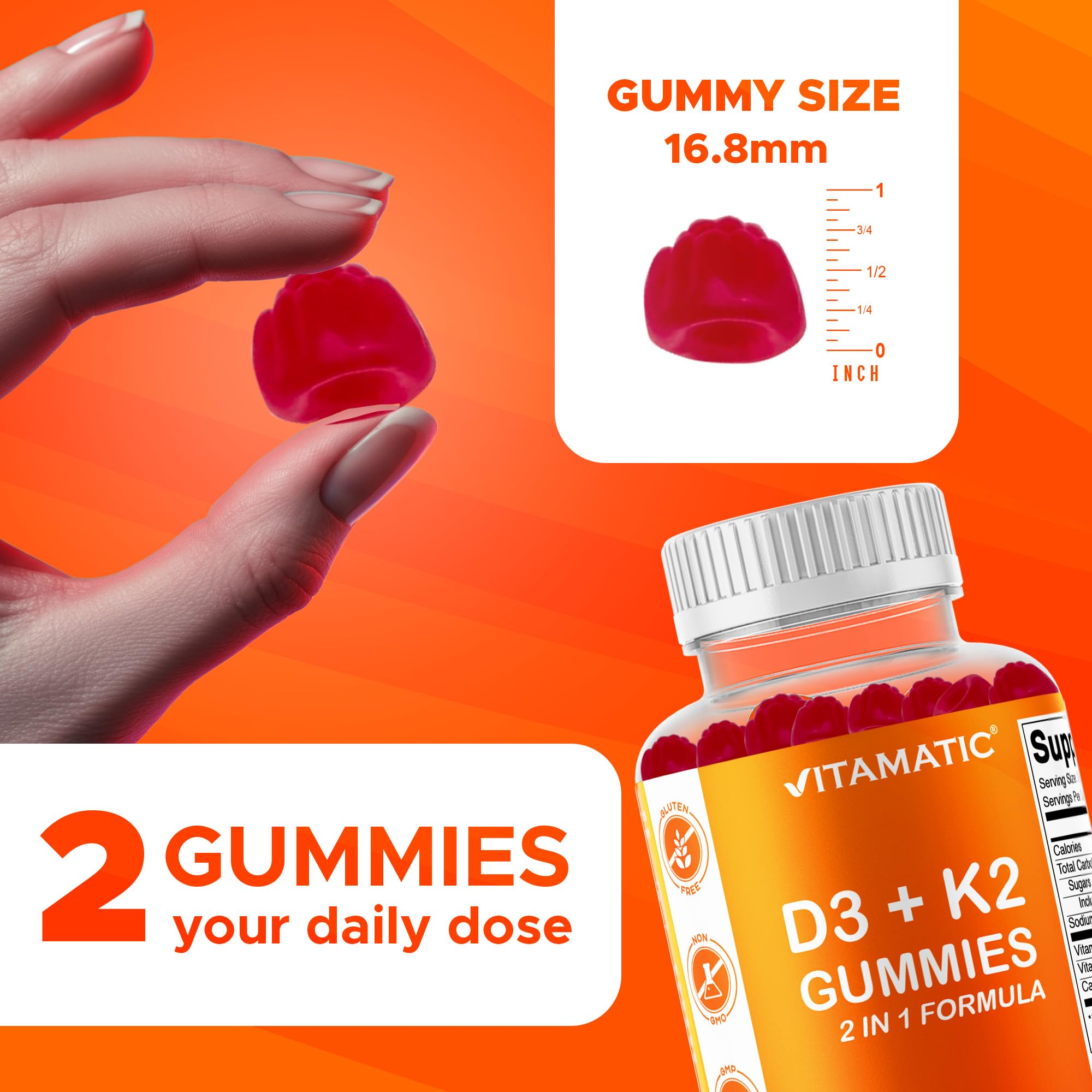 Vitamatic Vitamin D3 & K2 Gummies closeup label featuring natural raspberry flavor.