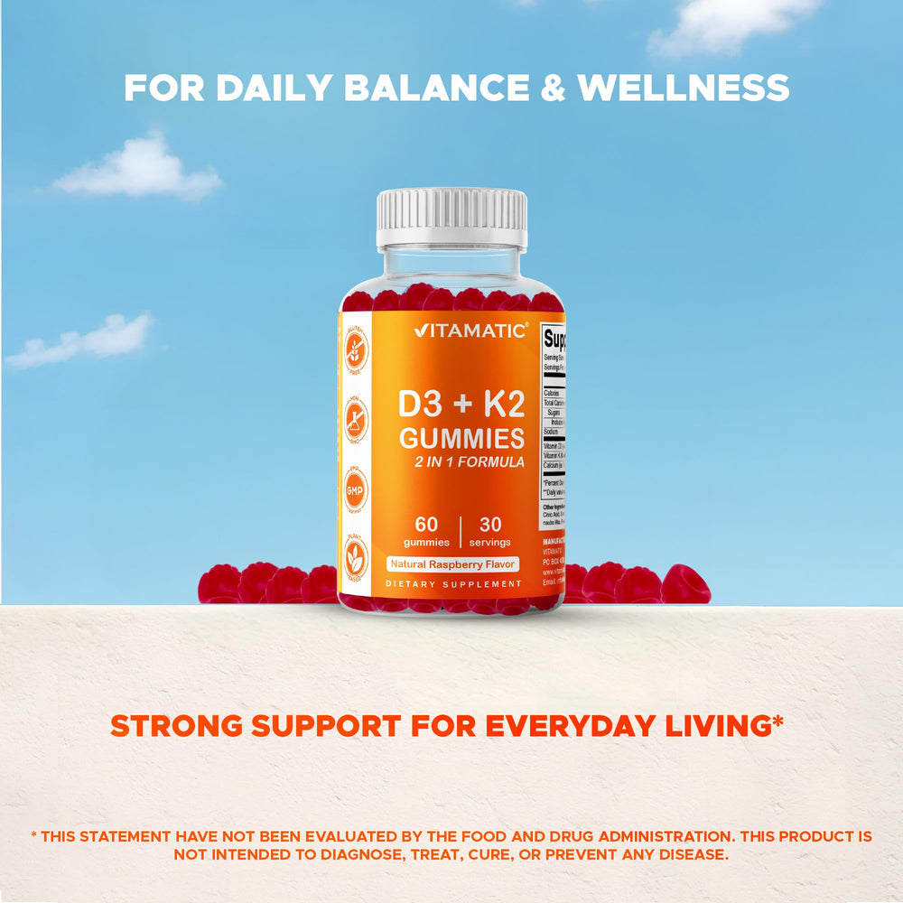 Vitamatic Vitamin D3 & K2 Gummies gummies outside the pack showing vibrant color and chewy texture.