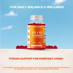Vitamatic Vitamin D3 & K2 Gummies gummies outside the pack showing vibrant color and chewy texture.