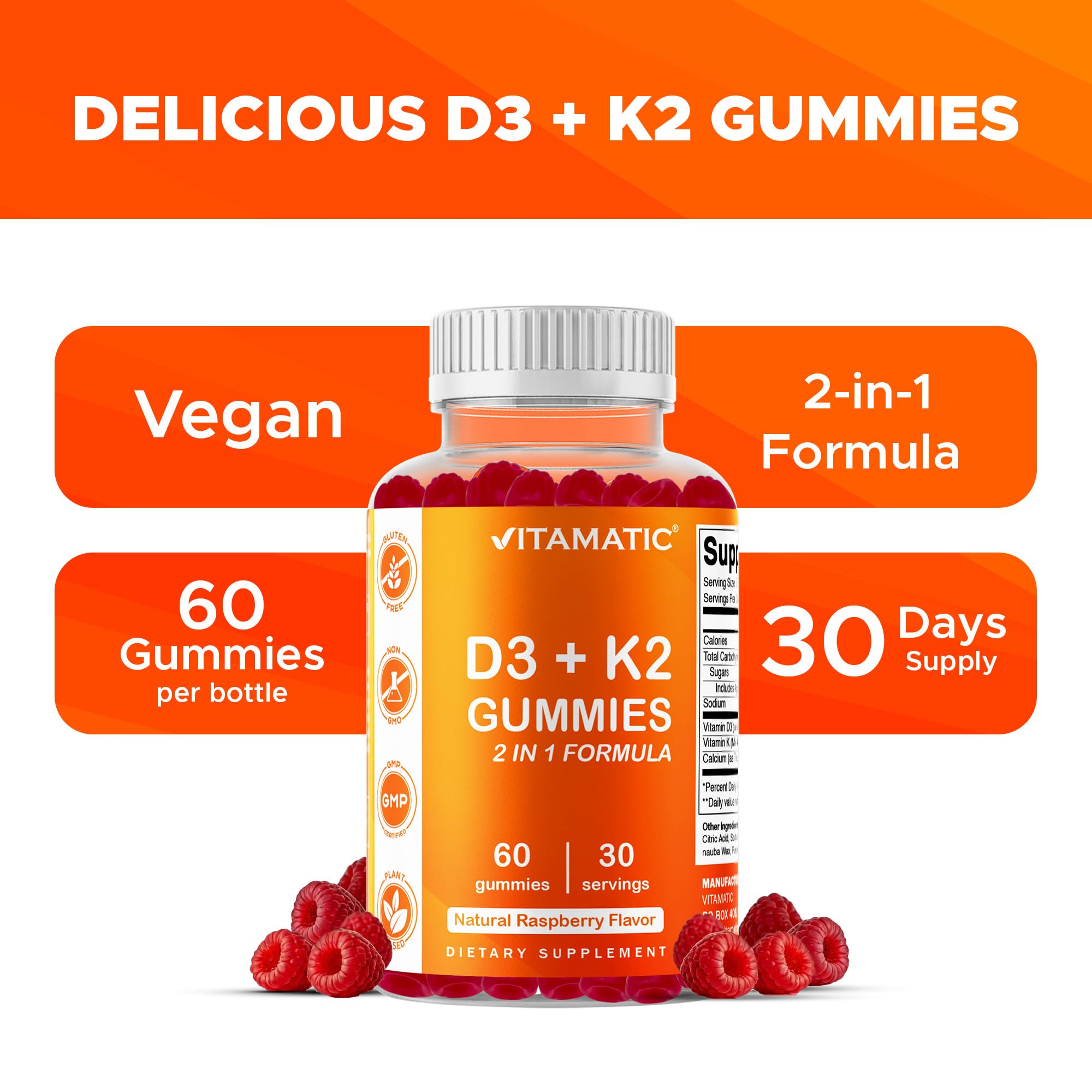 Vitamatic Vitamin D3 & K2 Gummies ingredients panel indicating plant-based, gluten-free, and safe formulation.