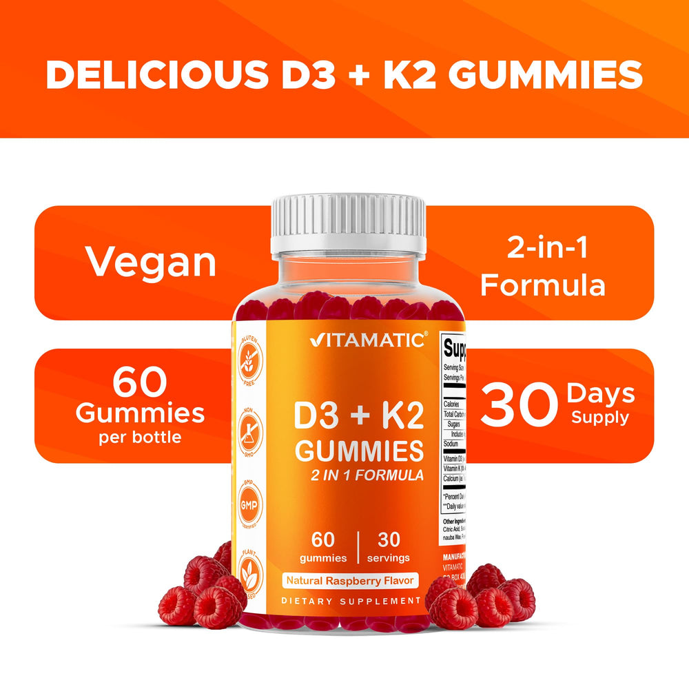 Vitamatic Vitamin D3 & K2 Gummies ingredients panel indicating plant-based, gluten-free, and safe formulation.