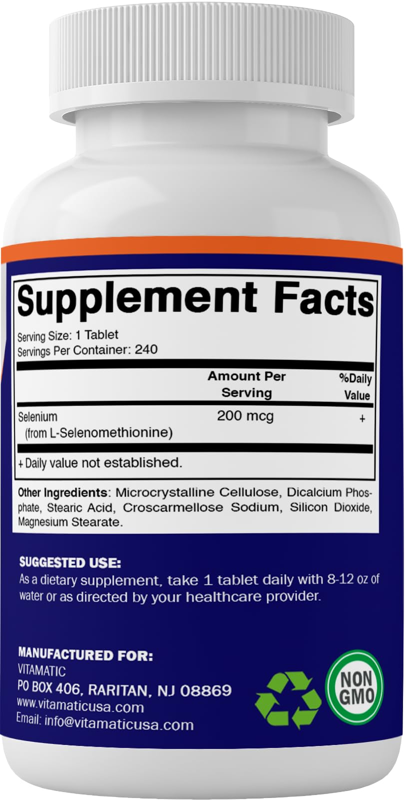 Vitamatic yeast-free selenium bottle with GMP badge signals quality.