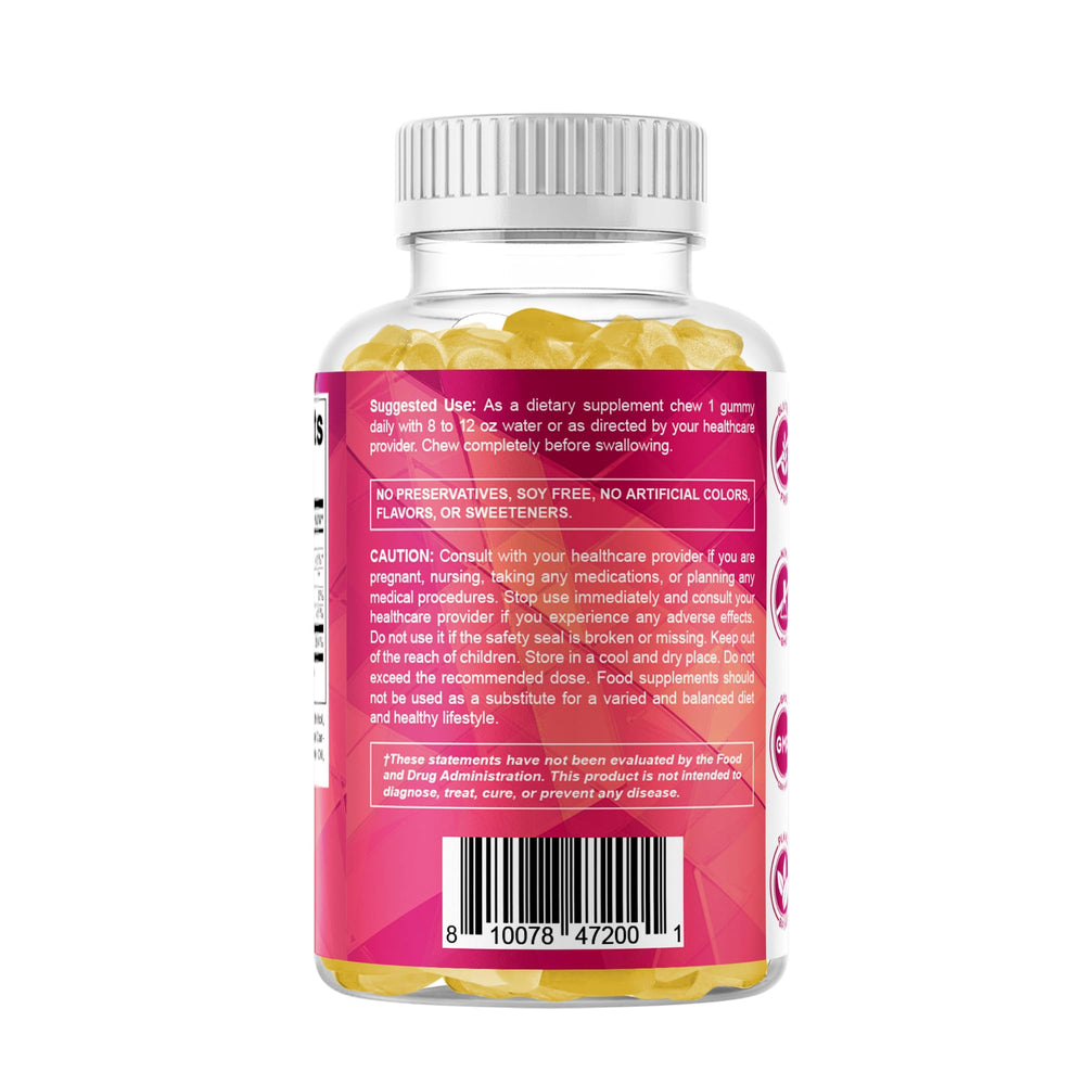 Gummies arranged on desk with peach imagery for natural flavor.