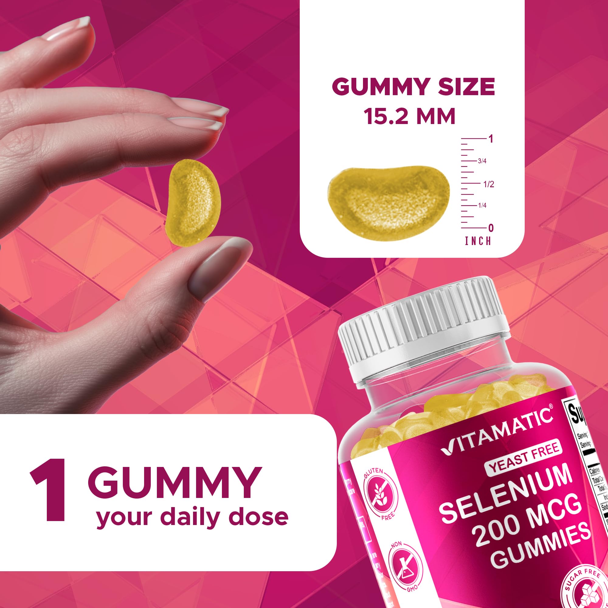 Peach-flavored Vitamatic gummies providing tasty selenium support.