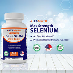 Vitamatic yeast-free selenium USA-made bottle signals trusted manufacturing.