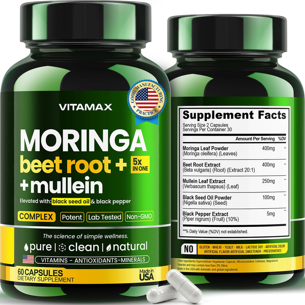 Vitamax bottle of Moringa Capsules on a clean countertop for daily energy support.