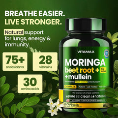 Vitamax Mullein Leaf capsules for respiratory comfort in a busy day.