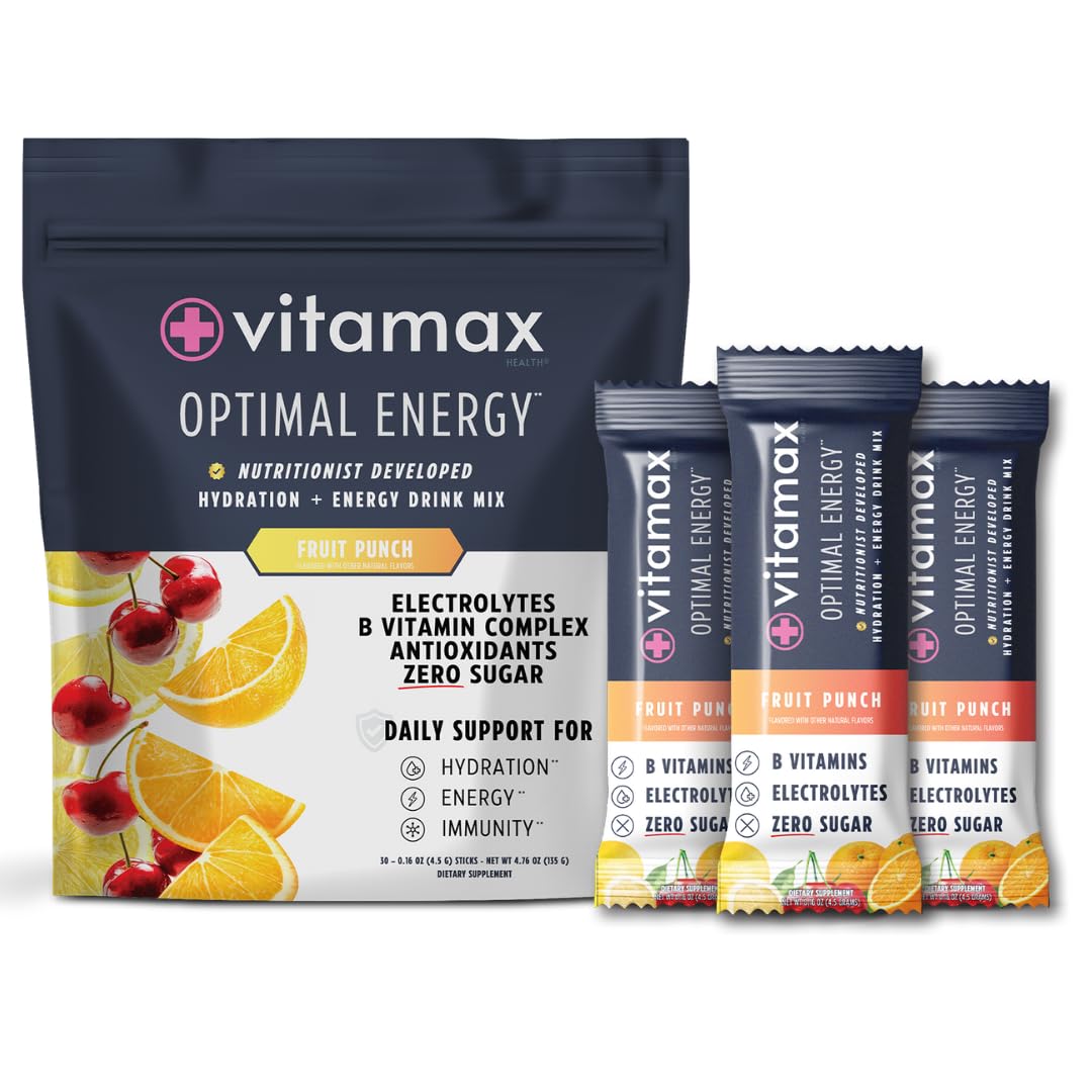 Vitamax Health Optimal Energy fruit punch stick pack for on-the-go hydration and energy.