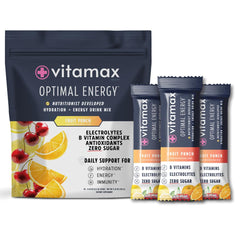 Vitamax Health Optimal Energy fruit punch stick pack for on-the-go hydration and energy.