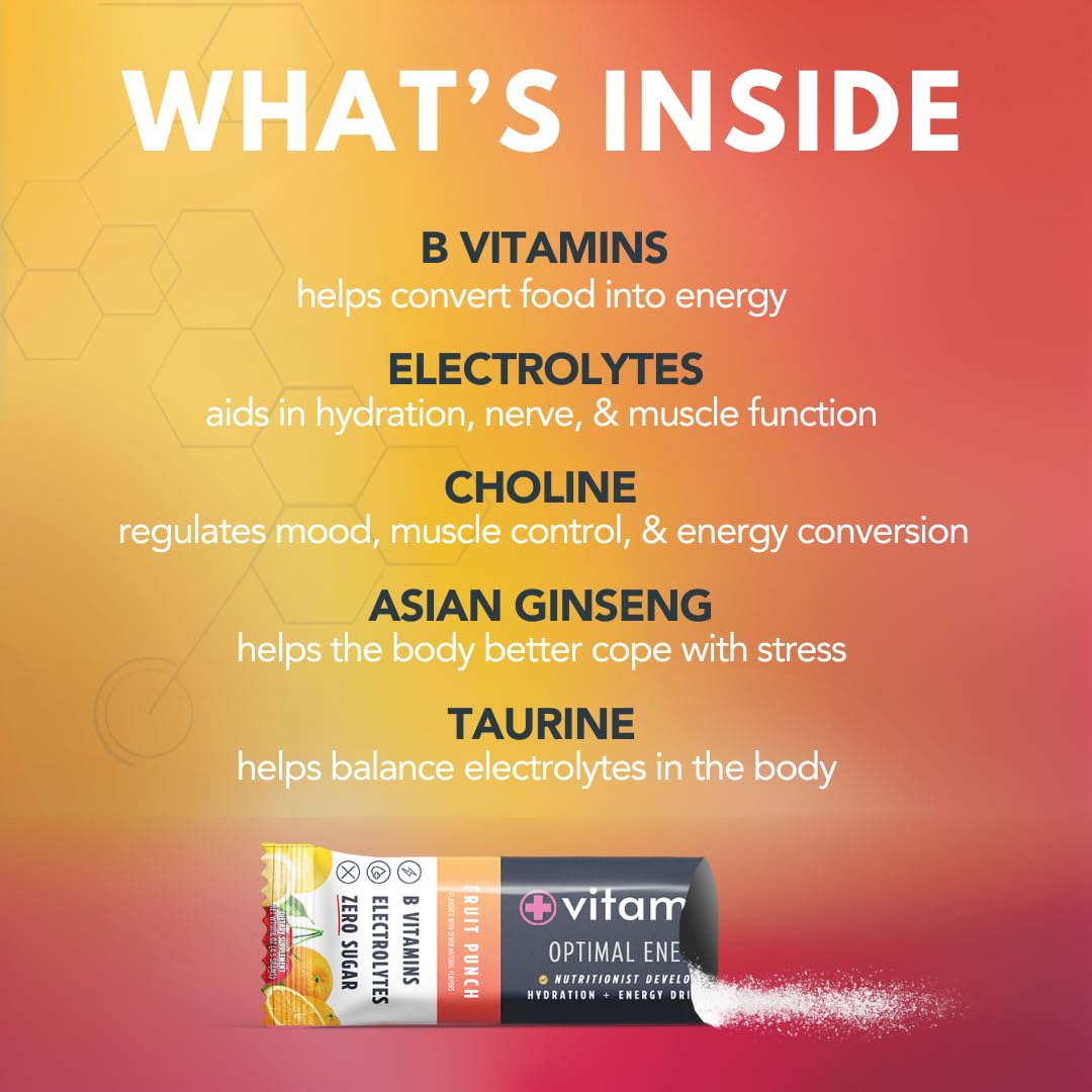Vitamax Health Optimal Energy fruit punch stick pack offers convenient portable hydration.