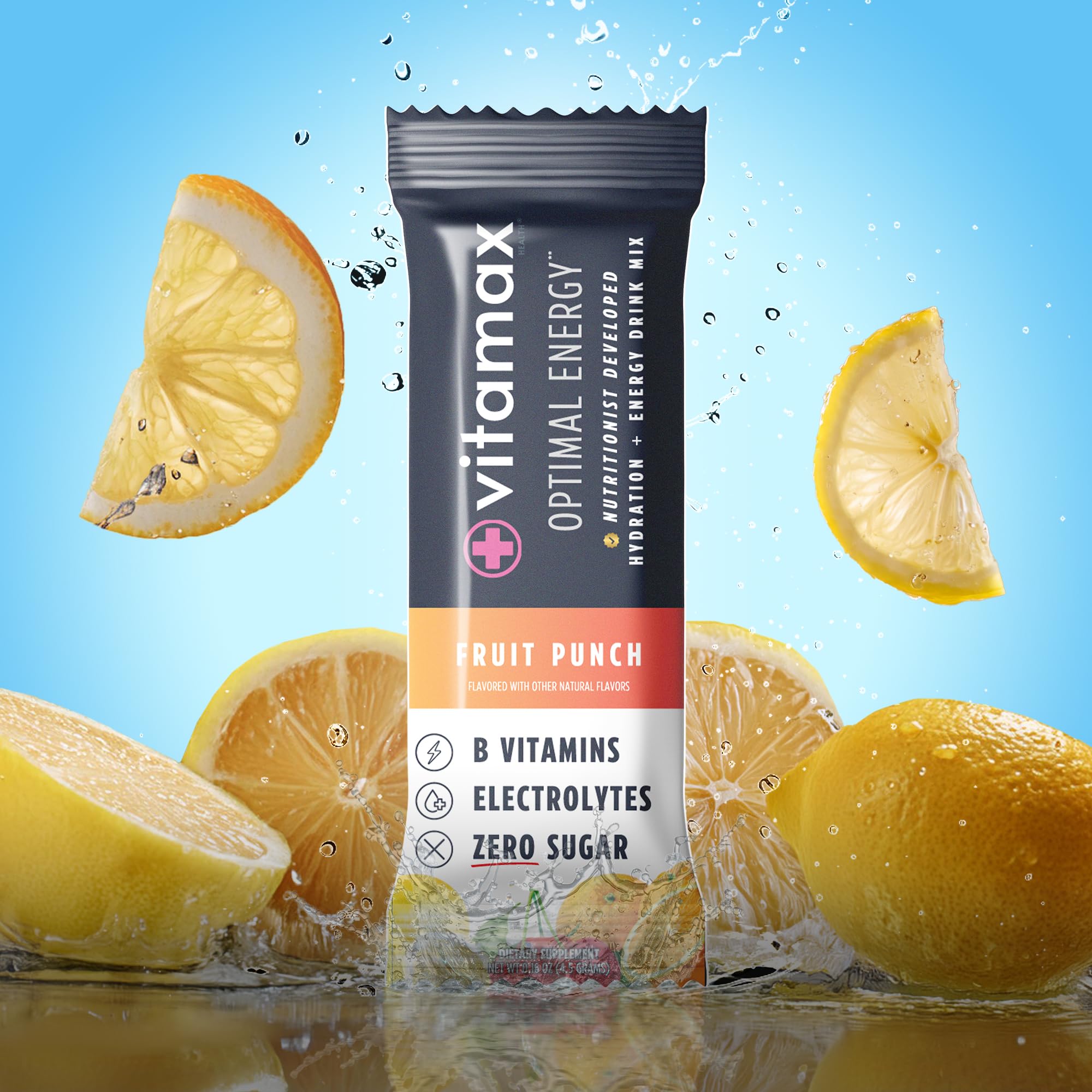 Vitamax Health Optimal Energy fruit punch stick pack delivers electrolytes for balance.