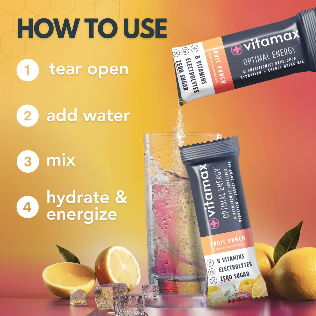 Vitamax Health Optimal Energy fruit punch stick pack is great for travel and workouts.