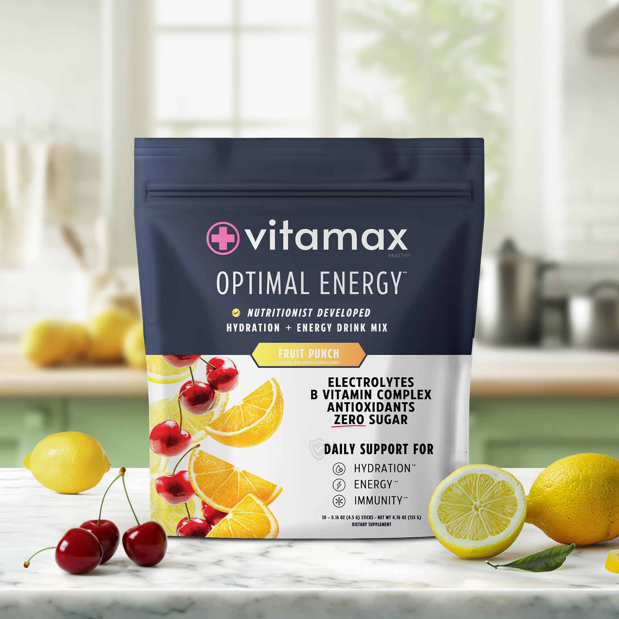 Vitamax Health Optimal Energy fruit punch stick pack delivers 30 servings.